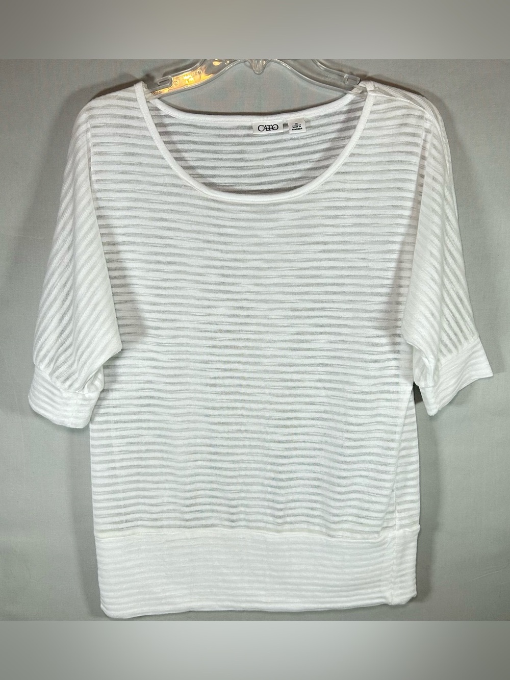 Cato Women's Blouse Medium White Sheer Striped Short Sleeve
